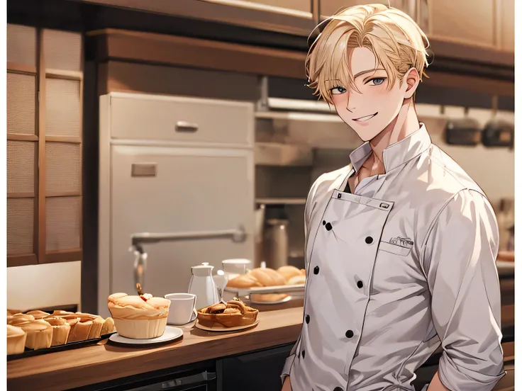 1 male, baby face,２０generation,blonde, kind, Pastry chef look,upper body shot, smile gently, omega,Background kitchen