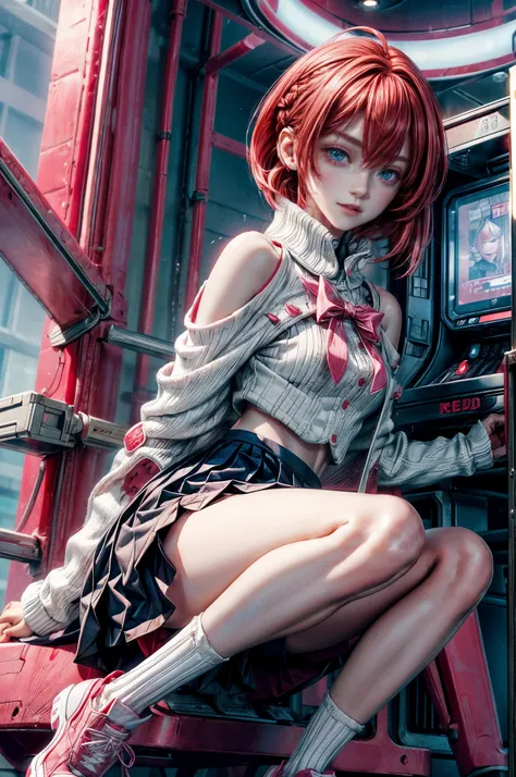 cinematic lighting、highest quality,cyberpunk world、1 female、(20 year old beautiful woman、Detailed beautiful face.medium bob red hair、shoulder length hair、blue eyes:1.4)(bright sexy smile:1.3)、
BREAK (ivory-white and shocking-pink theme), (cute school unifo...