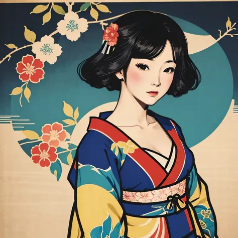 art vintage japonais, conception de t-shirts, art vectoriel, art plat:1,4. \\ (japonaise, en kimono, best quality, art officiel,...