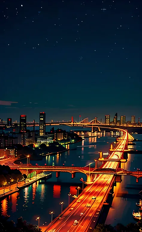 city skyline at night、There is a night view of the bridge and the Han River city.，skyline showing，beautiful future city，romantic night，Sound influenced by Chasubio，Neon street in the background，Experience the atmosphere and surprise of urban design。（Optimi...