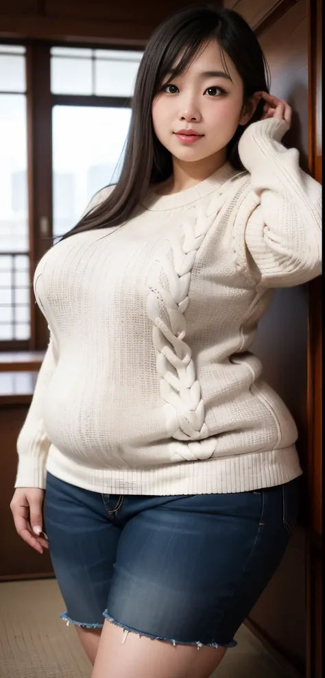 (Best quality,8k,ultra high res:1.2),(Pretty Indonesia Japanese girl),(Huge breasts:0.8),(sweater), (thick thighs:0.9), (obese body)