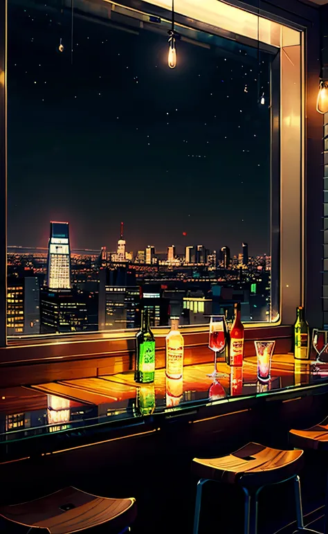 concept art, there are no humans, Elegant and modern night bar interior, drink bottles on the shelf, curtain, Large glass window on the side, City lights twinkling outside the window