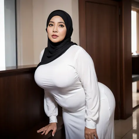 56 years Old, ((Hijab Crazy Rich Indonesian mature woman)), Big Round Tits : 46.9, Luxury Wedding Dress, curvy body, Breast about To burst out from her clothes, at doctor office, Dark light, at Nighttime.