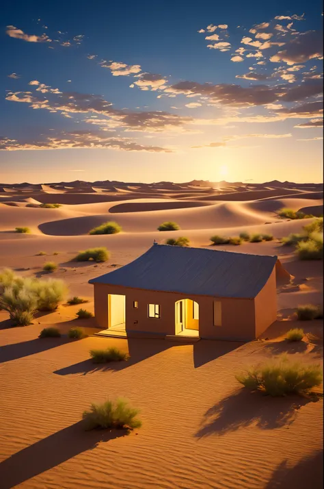 A serene desert scene featuring a small, clay-colored house with a flat roof, under a vast, star-filled sky ,soft shadowns, no contrast, clean sharp,clean sharp focus, digital photography
