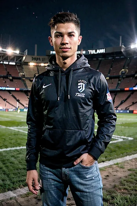 2 orang pria tampan,  yang 1 usia 17 tahun asal Indonesia mengenakan jaket Hoodie hitam memakai celana jeans biru muda gaya rambut belah tengah, dan yang satunya Pemain sepak bola Cristiano Ronaldo memakai Jersey Juventus, mereka berdua sedang bersama dan ...