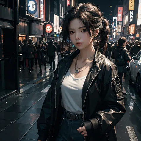 Best Quality, Masterpiece, Ultra High Resolution, (Realisticity: 1.4), Original Photo, (medium shot:1.3), a woman walking in a city,   techwear, shibuya tokyo, accessories, necklace  