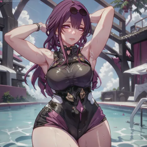 1girl,solo, beautiful, thicc thighs, huge breasts, wearing purple gradient bikini, in swimming pool,pure eyes, realistic pupils, highly details eye, perfect anatomy, good anatomy, good composition, armpits, sweating, Mom, milf, thicc thighs, lubricant skin...