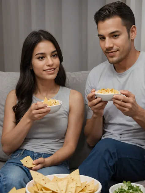 Man and Woman on a couch eating and sharing a bowl of TORTILLA CHIPs and dip.