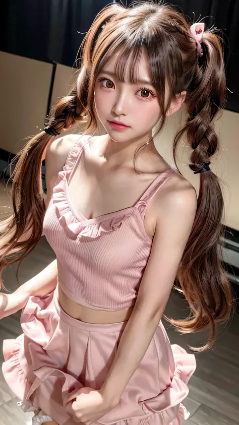 blush,small breasts,14 years old,long hair twintails,on stage,Are standing,((8K, Raw photo, best quality, muste piece:1.2), (Reality, photorealistic:1.4), (Highly detailed 8K wallpaper), Depth of the bounds written, cinematic lighting, soft light, detailed...