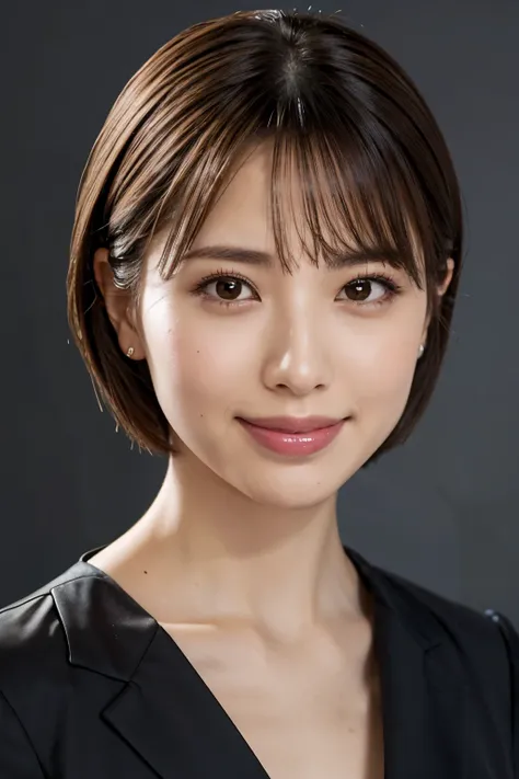highest quality, table top, 8K, High resolution, best image quality, one beautiful woman, (formal straight short hair), perfect navy business suit, formal shirts, look at me and smile, Enlarged photo of the face, (A woman perfectly positioned in the center...