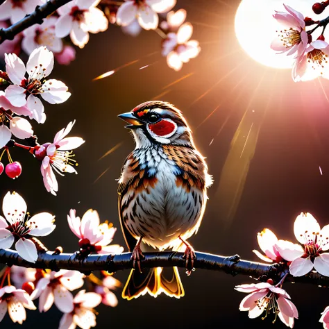 sunset "sparrow bird with open wings spread upwards perched on a cherry blossom branch, top tmasterpiece of superior high-qualit...