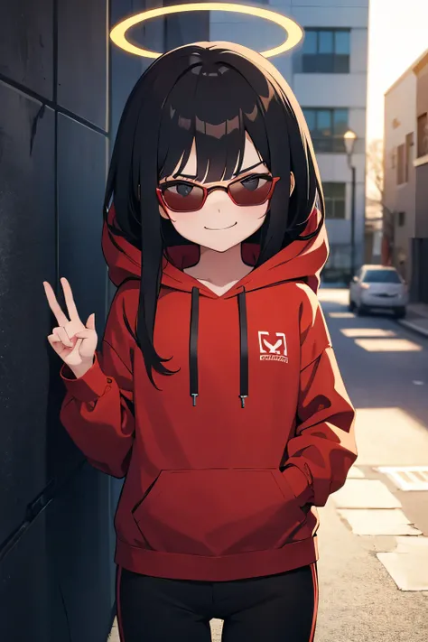 1girl, short, tiny, anime, , 4k, long black hair, sunglasses, red hoodie, black pants, smirking, alleyway, halo