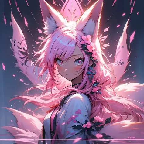 Nine snow-white fox tails (1.0), milky fox tail (1.0), fox close-up of nine tails, nine-tails, nine-tails, anime girl with pink hair and pink dress with flowers on her hair, very beautiful anime fox girl, beautiful anime fox girl, beautiful fantasy anime, ...