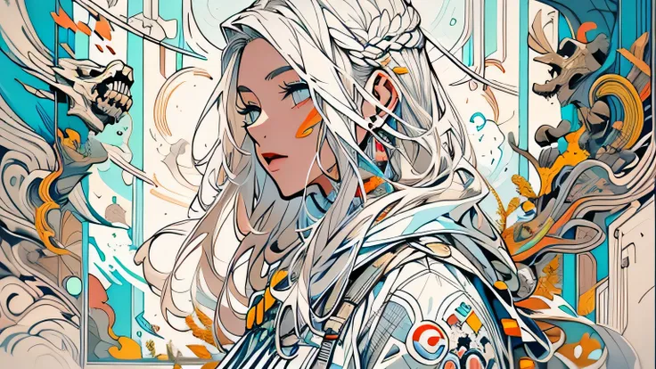 1monk warrior girl with white techwear clothes, white long hair, laces, abstract vintage scifi background, art by Moebius, art by Ashley Wood