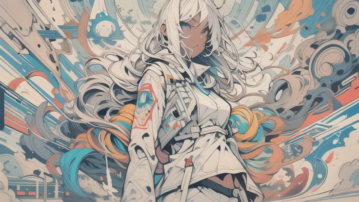 1monk warrior girl with white techwear clothes, white long hair, laces, abstract vintage scifi background, art by Moebius, art by Ashley Wood