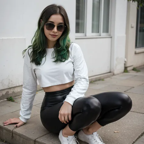 1girls, Nur, green Hair , 24 years old,black leggings underneath, neon green crop top,a thin white shirt over the crop top,a black leather jacket, white sneakers on the feet, Hair slightly wavy, Makeup in natural tones that complement green hair, A black w...