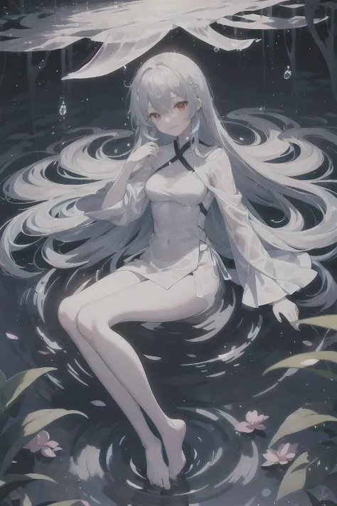 Dreamy and beautiful moonlight in the dark forest。View of a 15-year-old girl from above。(wet silver hair and red eyes)。smile slightly。She wore only a long transparent white cloth with beautiful lace trim。Soak the cloth in water。(splashing in the dark fores...