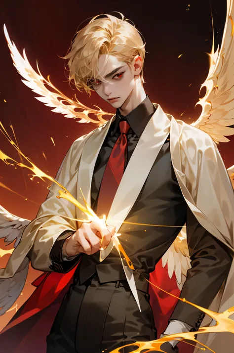 cover of a book, teenage male (16 years old), short ((pale gold hair)), blood red eyes, very handsome, beautiful, surrounded by sparks of dark gold magic flares of light, standing in demonic summoning circle, (((six pale gold wings on his back))), beautifu...