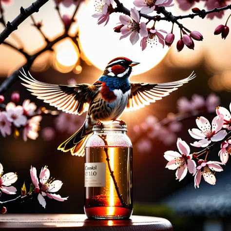 sunset "Sparrow bird with open wings spread upwards perched on a cherry blossom branch, top tmasterpiece of superior high-quality, officially beautiful art and aesthetics, realistic and detailed, yang08k." on sakura tree in a bottle, fluffy, atmospheric li...