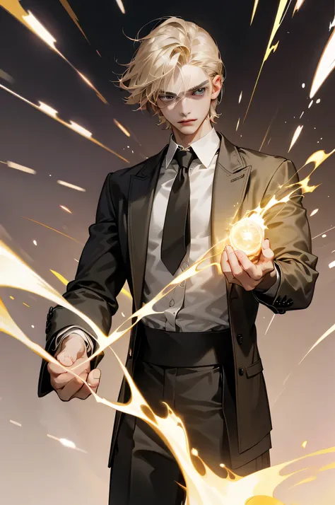 cover of a book, teenage male (17 years old), short ((light blond hair)), gray eyes, very handsome, (lean muscular build), surrounded by sparks of silver gray and dark gold magic flares of light, standing in demonic summoning circle holding black spell boo...