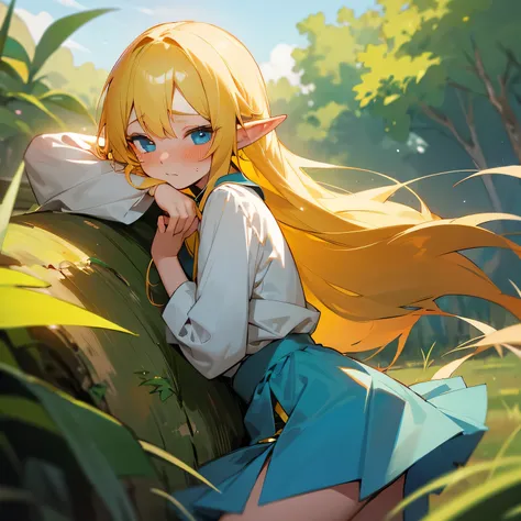 A boy with shy elf ears with blushing cheeks, long yellow hair and blue eyes, wearing a small skirt 