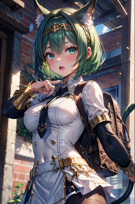 ((golden wide simple headband)), mechanical knee joint, ((triangle shaped tie)), ((black pantyhose)), anime catgirl, ((deltamon_beta:1.5)), (carrying a backpack), (a tail growing from the butt), break, short hair, ((green hair1.5)), (cat ears a green), bob...