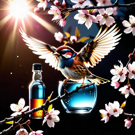 sunset "Sparrow bird with open wings spread upwards perched on a cherry blossom branch, top tmasterpiece of superior high-quality, officially beautiful art and aesthetics, realistic and detailed, yang08k." on sakura tree in a bottle, fluffy, atmospheric li...