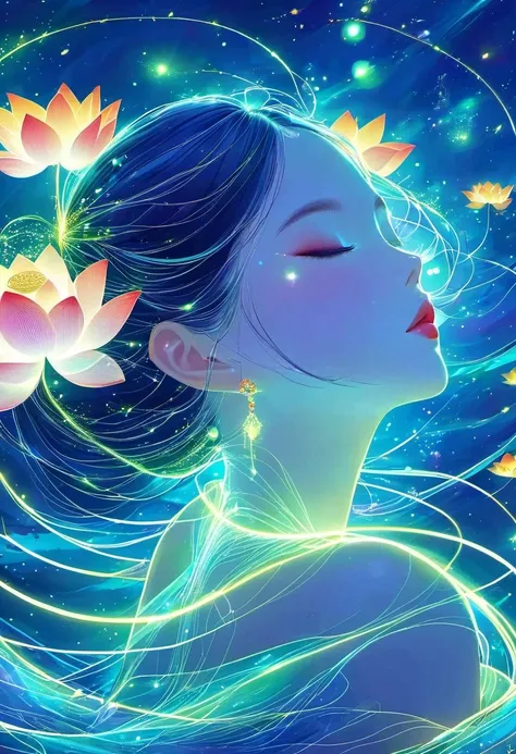 (masterpiece, best quality:1.2), digital art style, charming illustration,Peace pictures，1 girl, Wearing lotus on head，alone，body glow，glowing line，fluorescence,Luminous example，Tracking example，flash，萤light particles，backlight，translucent，light particles，...