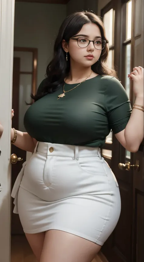 ((best quality)), ((masterpiece)), (detailed), perfect face, araffe woman in a long dark green shirt and 1/3 white denim skirt walking in black room , thicc,  wavy  short hair , she has a jiggly fat round belly, bbwchan, wearing tight simple clothes, skinn...