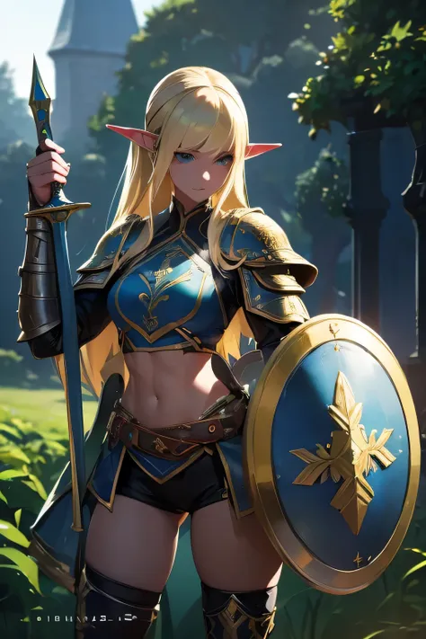 ((masterpiece, best quality)), (elf ears), female elf singing, female blonde elf with blue eyes in armor, stunning character art...