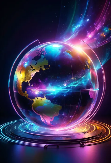 holography, drawing in neon colors ((earth)): sphere: ((floating)), transparent, three-dimensional, light, science fiction, digi...