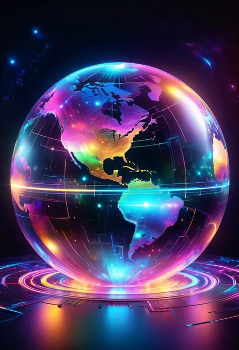 holography, drawing in neon colors ((earth)): sphere: ((floating)), transparent, three-dimensional, light, science fiction, digi...