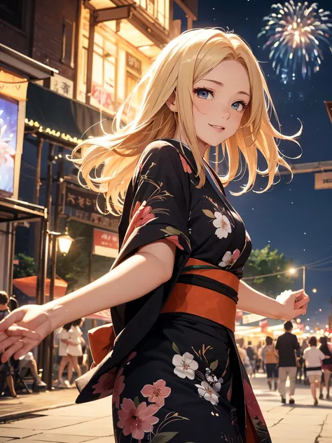 (((ultra high definition))), (((Salina))), (Pokémon), masterpiece, best quality, detailed, (1 girl), alone, (超detailed藍眼睛, long blonde hair, permanent: 1.2), (((Pull hands to run))), (Gorgeous kimono), Lovely smile, (small breasts, healthy body :1.2), (Put...