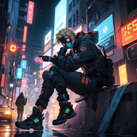 A man sitting in a dark side of building, futuristic, future, cyberpunk, cybernetic, futuristic cars and bike, futuristic bus, busy town, night, highly detailed, A man, blonde hair, hood, forehead mark, hairpods, scar on cheek, mouth mask, gas mask, eyewea...