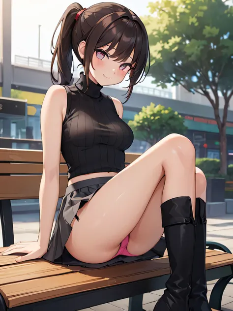 (Masterpiece, top quality, high resolution, realistic photo, realistic looking skin:1.1),
(The woman is sitting on a bench in a shopping mall:1.8),
(She is sitting with her legs closed: 1.9),
(Her skirt is so short that you can almost see her panties: 1.8)...