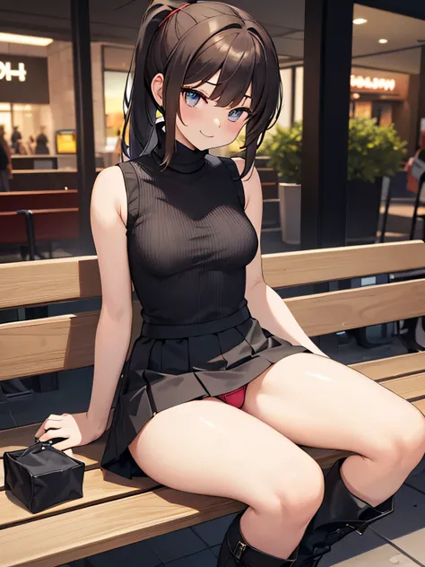 (Masterpiece, top quality, high resolution, realistic photo, realistic looking skin:1.1),
(The woman is sitting on a bench in a shopping mall:1.8),
(She is sitting with her legs closed: 1.9),
(Her skirt is so short that you can almost see her panties: 1.8)...