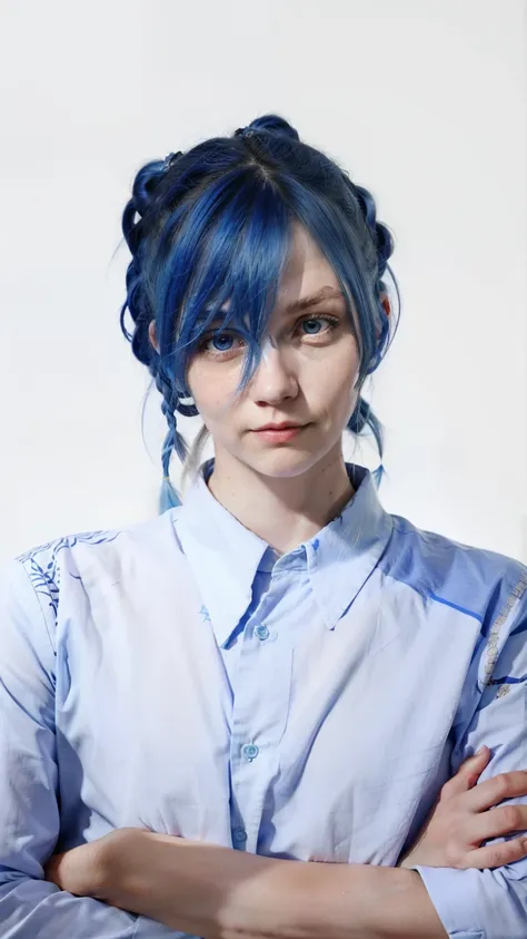 a close up of a person with a shirt on and arms crossed, long blue hair but in pigtails, has blue eyes, a man with a downcast face and skinned white.