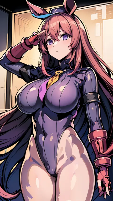 1 girl,NSFW,mihono bourbon, (Uma Musume),horse ears, clavicle, absurd, brainwashing,Combatant, empty eyes,((purple glowing eyes 1.5))( huge breasts ), No expression, emotions removed,((black shadaloo suit)),avert your eyes , whole body shape, ((stand up, s...