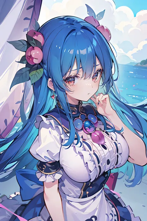 (masterpiece),best quality, expressive eyes, perfect face, 1girl,
Big breasts, H cup, Good breasts, Put your hands on your waist,fair, Gorgeous,Japanese cartoons,girl,lola,Hina Angel, blue hair, blue haired,tent , tent chest, tent breast, floating clothes