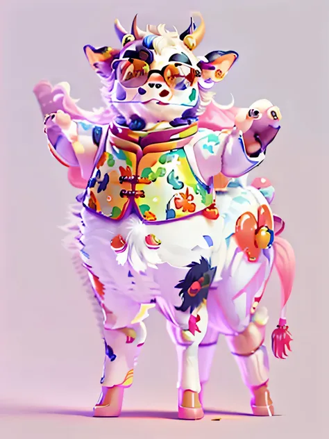 (Personification: 1.4), (Full body shooting), (China - A unique cow, wearing glasses, elegant style, workplace, standing on both feet), (China - Unique anime: 1.5, vector painting: 1.5), (Chinese colors, advanced color matching, gradient background, white ...