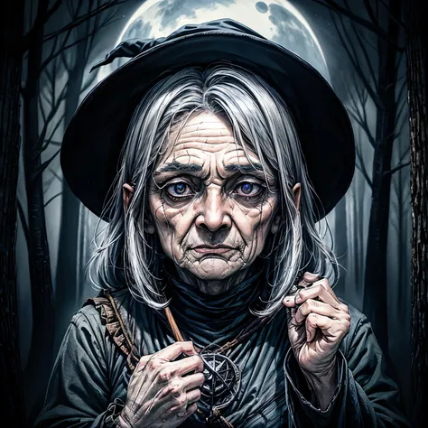 An old witch, wrinkled face, scary appearance, night sky, forest background, black magic