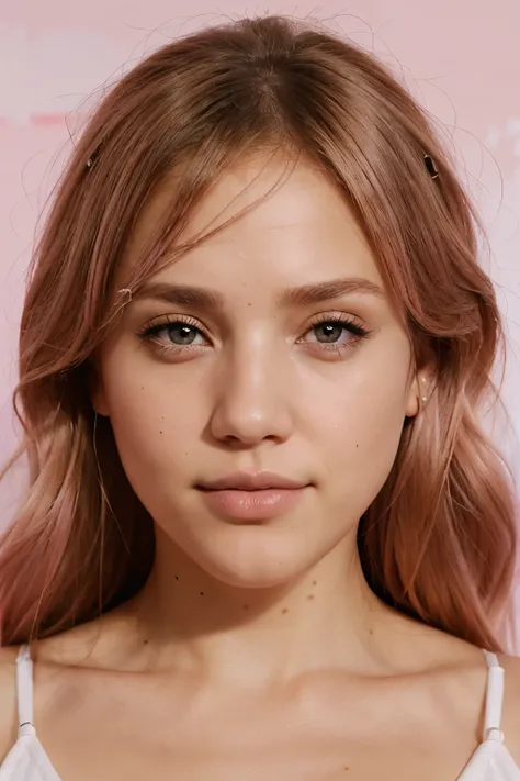 beautiful pink haired white skin caucasian girl, jessica alba, Jennifer Lawerence detailed face, goddess, beautiful face, camera zoomed in face, close up, headshot, looking directly at the camera, hazel colored eyes, plump lips,