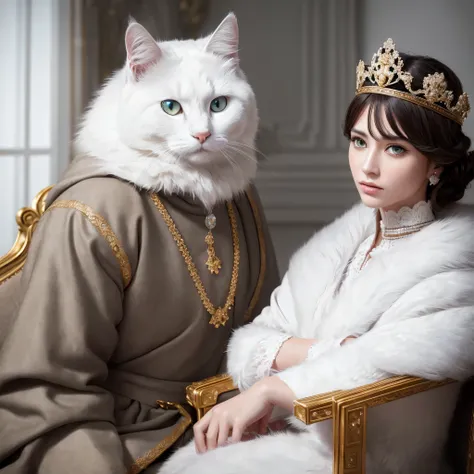 (8k, best quality, masterpiece:1.1), (realistic, photo-realistic:1.37), ultra-detailed, 1 white royal cat, with beautiful big eyes, fluffy and majestic, sits next to the prince, who wears a crown and sits on the throne, highly detailed and realistic render...