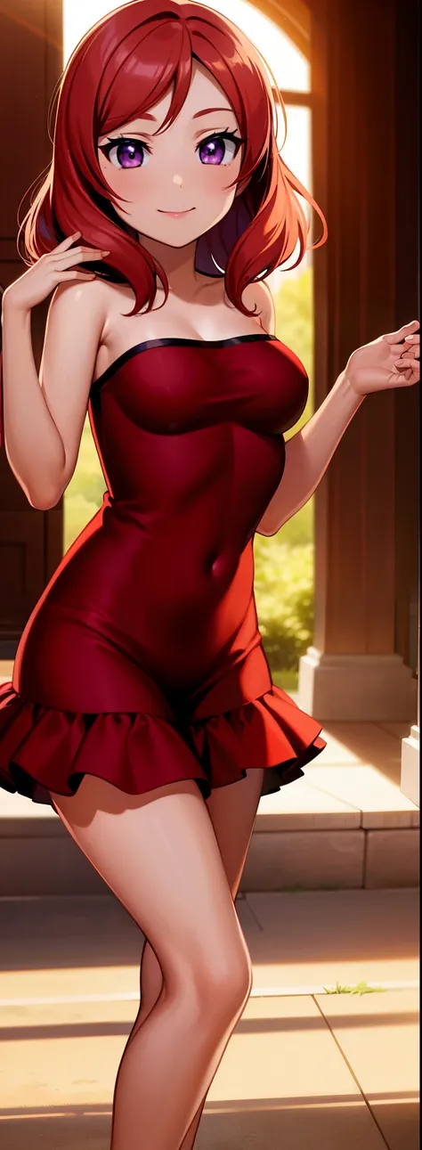 (Masterpiece, Best Quality, High Quality), volumetric lighting, illustration, beautiful,red camisole dress,solo, seductive, perfect lighting, perfect shadows, nishikino maki, purple eyes,red hair, closed mouth, smile, sunlight, outdoors , strapless