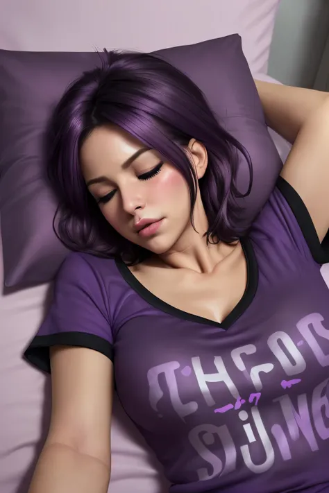 a short sexy woman wearing purple t shirt and black tracks, eyes closed, lips parted, blushing intensely, flustered, lying on bed, head on pillow, facing up 