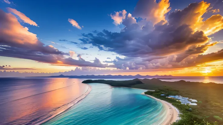 ((high res, hdr, hd, ultra sharp, 8k)), artwork of a tropical beach with sea and clouds in the background few islands, sunset ti...