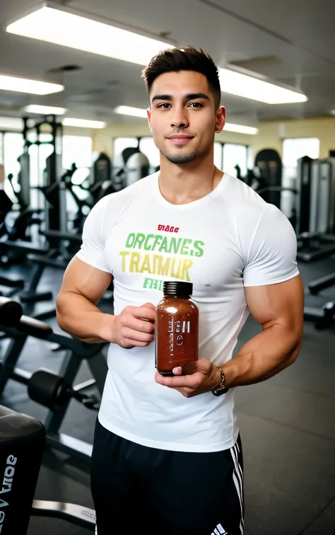 Male athlete, 25 years old, brunette, muscular body, wearing a T-shirt, originally from Peru, standing in the gym, upper body in the photo, ultra-realistic, holding a jar of vitamins, standing in full-face, upper body, in the gym, showing a jar of vitamins...