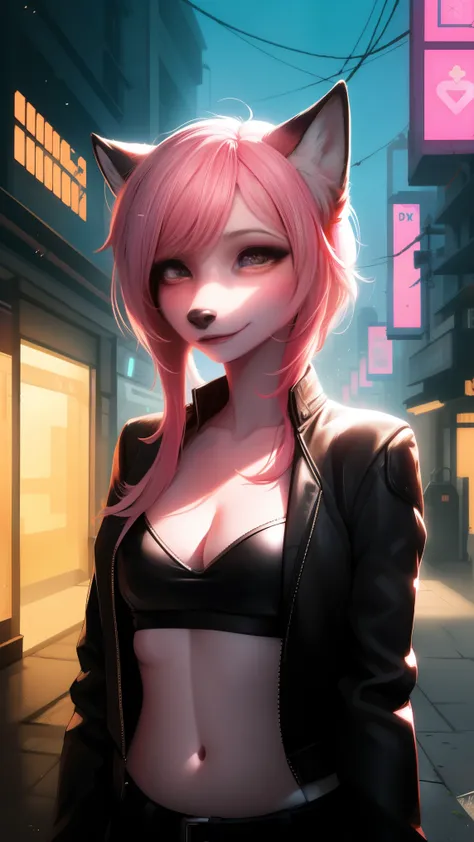 Cyberpunk fox, Beautiful light and shadows on a beautiful face with light pink hair、Ambientebeleuchtung am Strand、Ultra-fine fur、Das volumetrische Licht ist sehr detailliert，Furry art of the highest quality