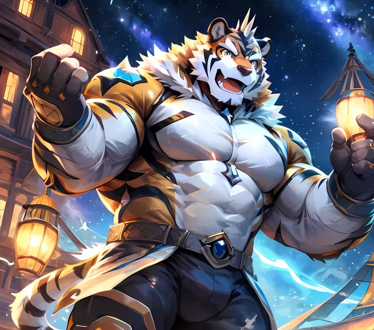 masterpiece,high quality,anime,detailed eyes,furry male White Tiger, Ryekie, Great physique,strong arms manly, flying ship, looking at the sky ceiling, Heroes suit, (Night), Shimmering Stars, Joyful, by null-ghost,by pino daeni