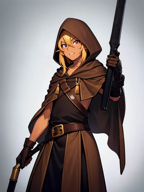 (tanned elf man boy:1.2), (solo:1.2), (gradient gray background:1.2), (brown cloak hooded belts:1.2)